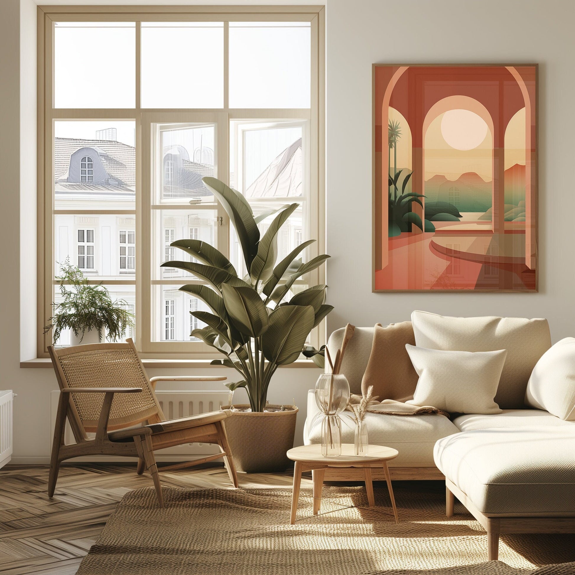 Digital artwork depicting a serene desert landscape at dusk with warm pastel tones, creating a peaceful atmosphere suitable for a modern bohemian home.