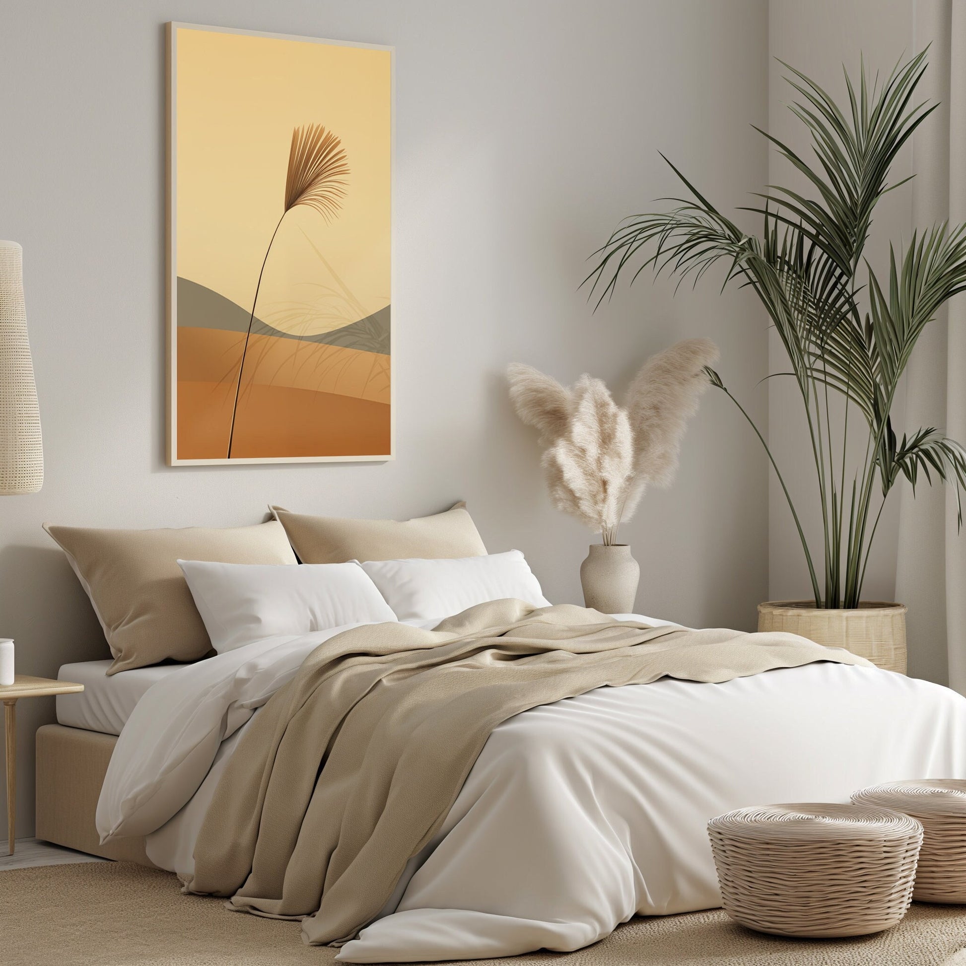 Abstract art print of a palm frond silhouette against a warm, layered background of desert dunes in sunrise hues, set in a cozy room with natural decor.