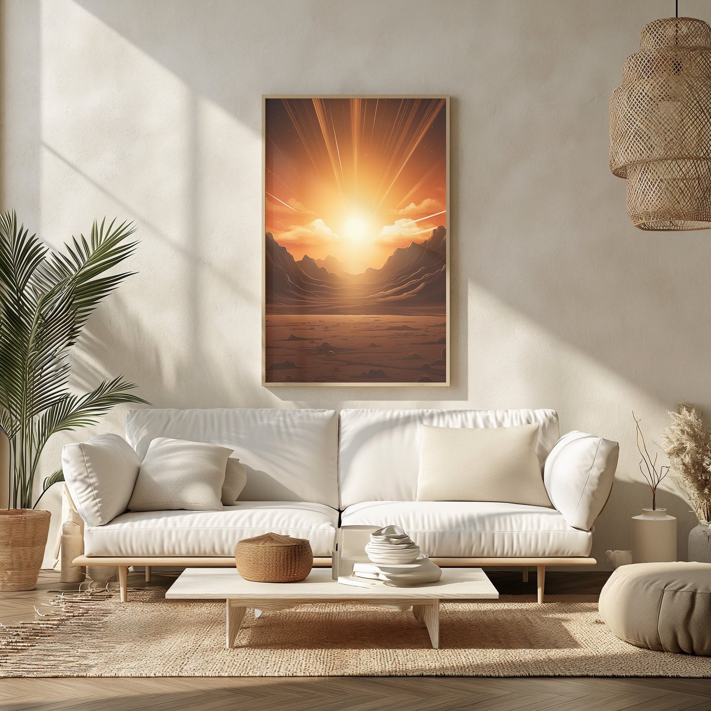 Dramatic Mountain Sunset Art, Radiant Sun Wall Print, Mid Century Warmth Decor, Boho Chic Natural Poster, Majestic Dusk Artwork