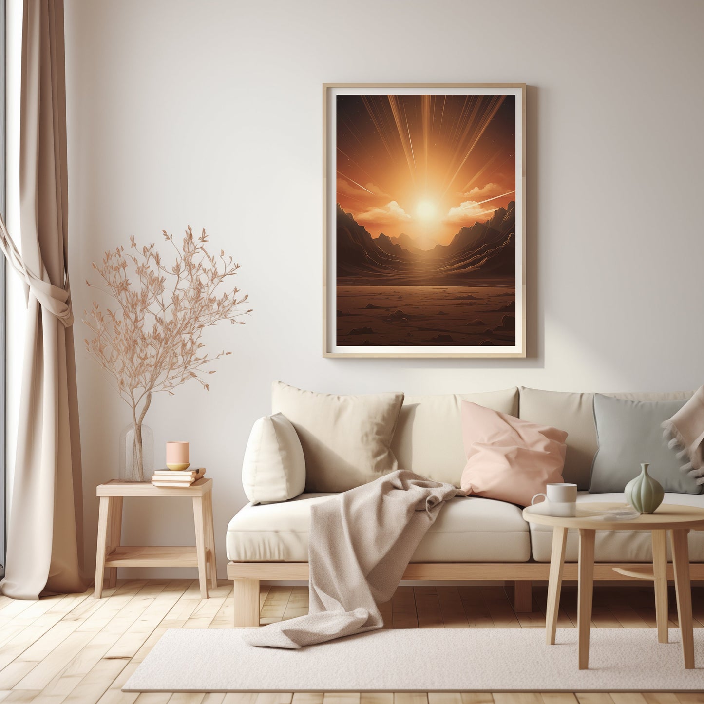 Dramatic Mountain Sunset Art, Radiant Sun Wall Print, Mid Century Warmth Decor, Boho Chic Natural Poster, Majestic Dusk Artwork