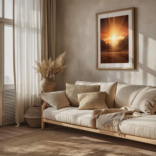 A digital art print capturing a stunning mountain sunset with radiant beams of light, ideal for adding mid-century charm and boho chic elegance to any room.