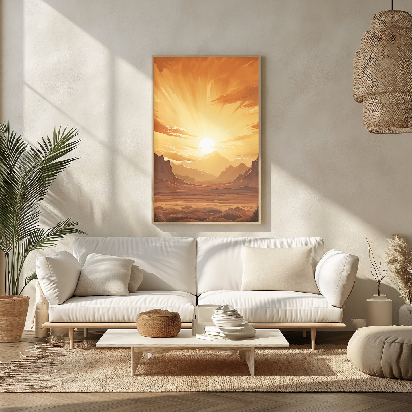 Desert Sun Retreat Art, Warm Sunset Mountain Print, Mid Century Landscape Poster, Boho Serenity Wall Art, Golden Hour Decor