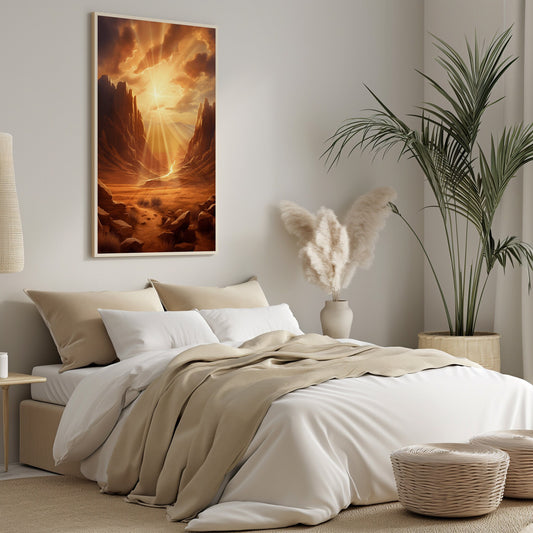 A striking digital art print with a fiery desert sky at sunset, the dramatic cliffs illuminated in warm tones, suited for mid-century or boho chic interior themes.