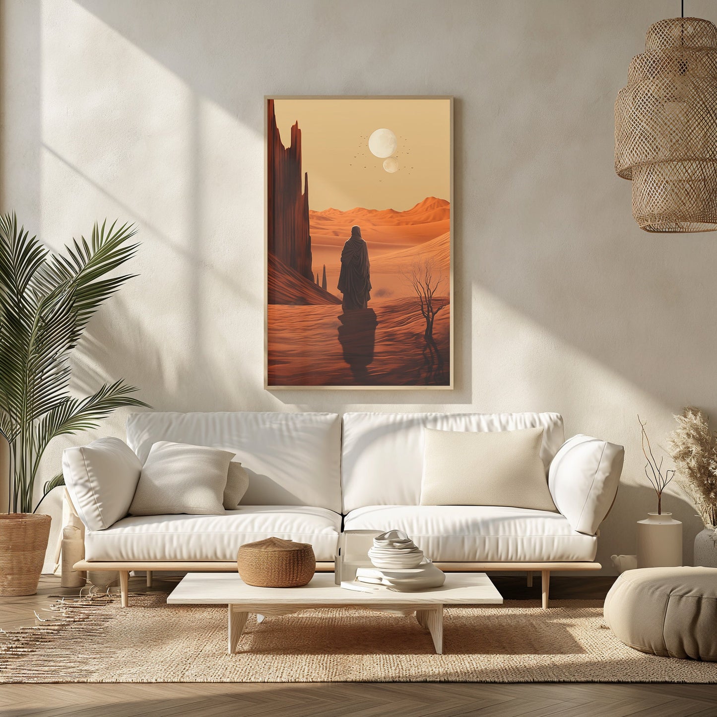 Serene Desert Dusk, Digital Boho Decor, Printable Artwork, Moonlight Canvas, Mid Century Design, Tranquil Wall Art