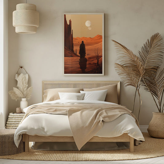 Digital artwork of a peaceful desert scene at dusk, featuring moonlight and warm earth tones, ideal for a tranquil bedroom.