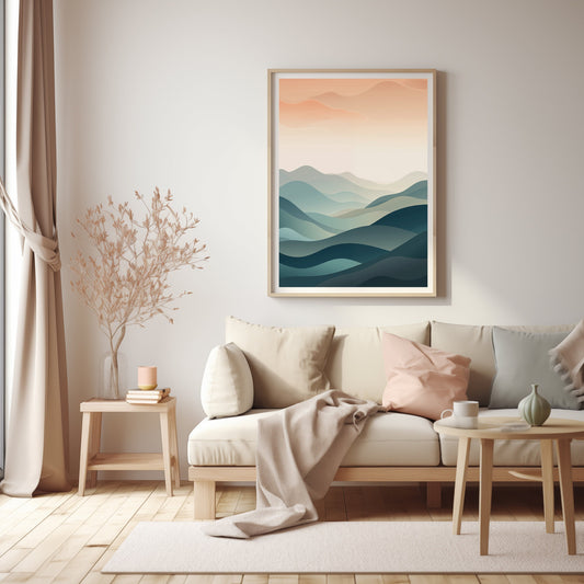 Abstract digital print of rolling hills and sunrise in neutral tones, displayed in a cozy living room setting with natural decor elements.