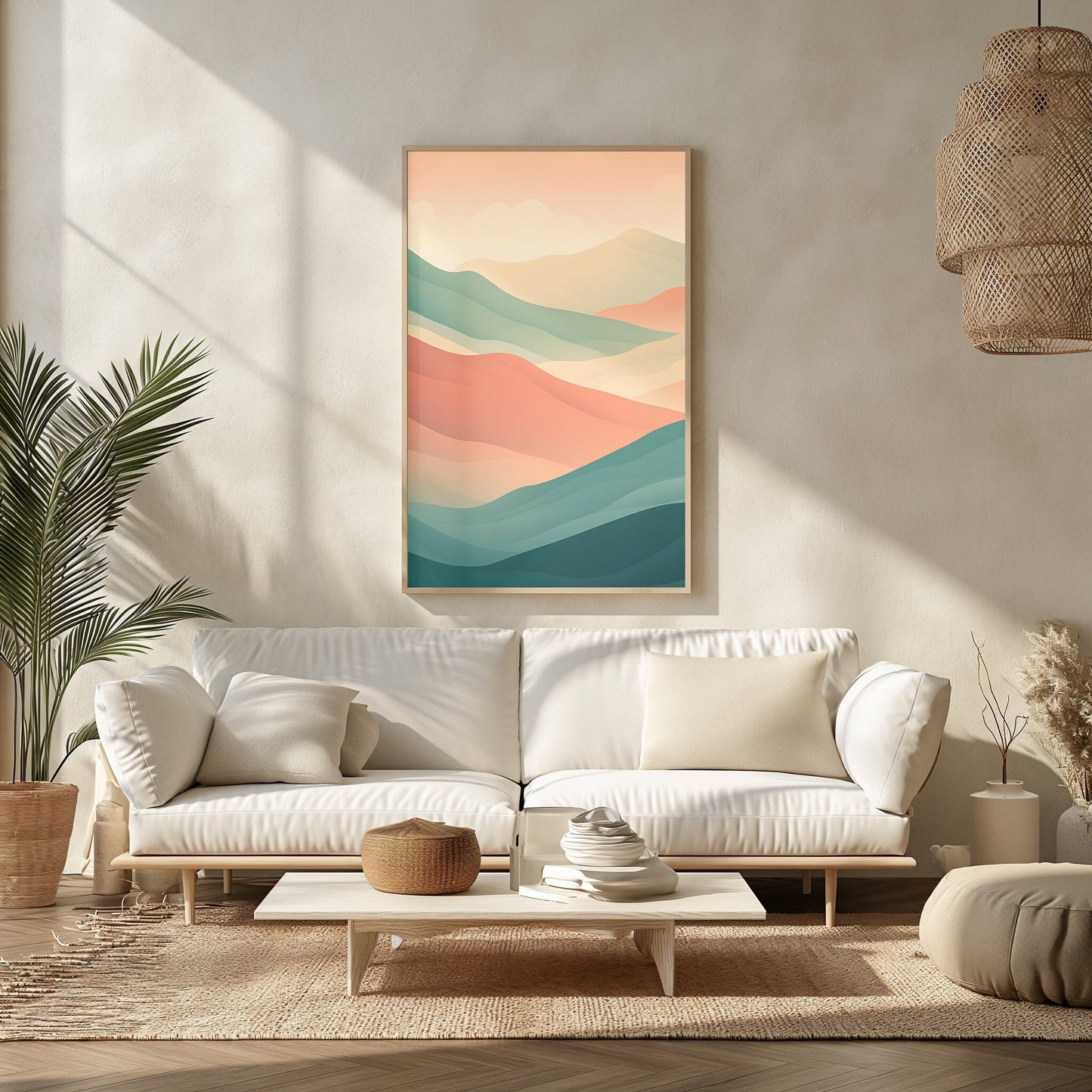 Digital print of a serene abstract landscape depicting hills at dawn in pastel colors, complementing a modern, minimalist living room.