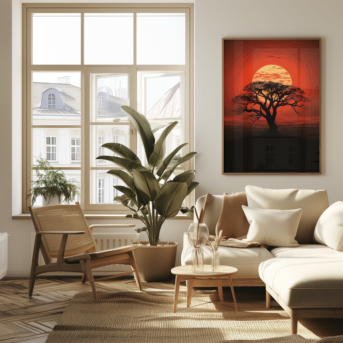 African Sunset Silhouette, Digital Savanna Tree Art, Warm Tone Wall Print, Rustic Boho Decor, Instant Download Nature Poster