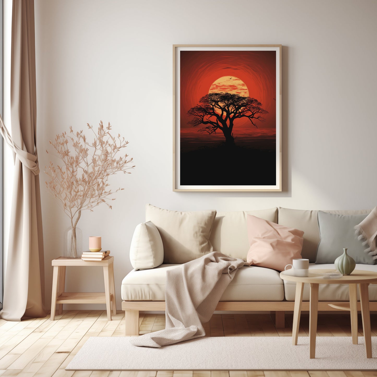 African Sunset Silhouette, Digital Savanna Tree Art, Warm Tone Wall Print, Rustic Boho Decor, Instant Download Nature Poster