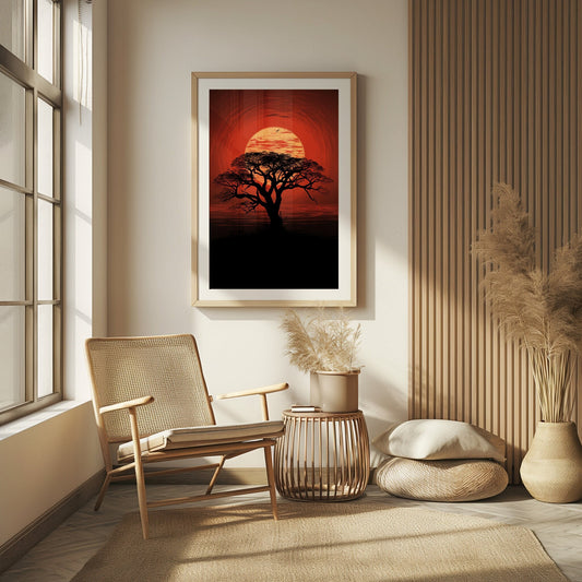 Digital print of an African tree silhouette against a sunset, in warm, rich tones, adding a rustic and boho touch to a modern living space.