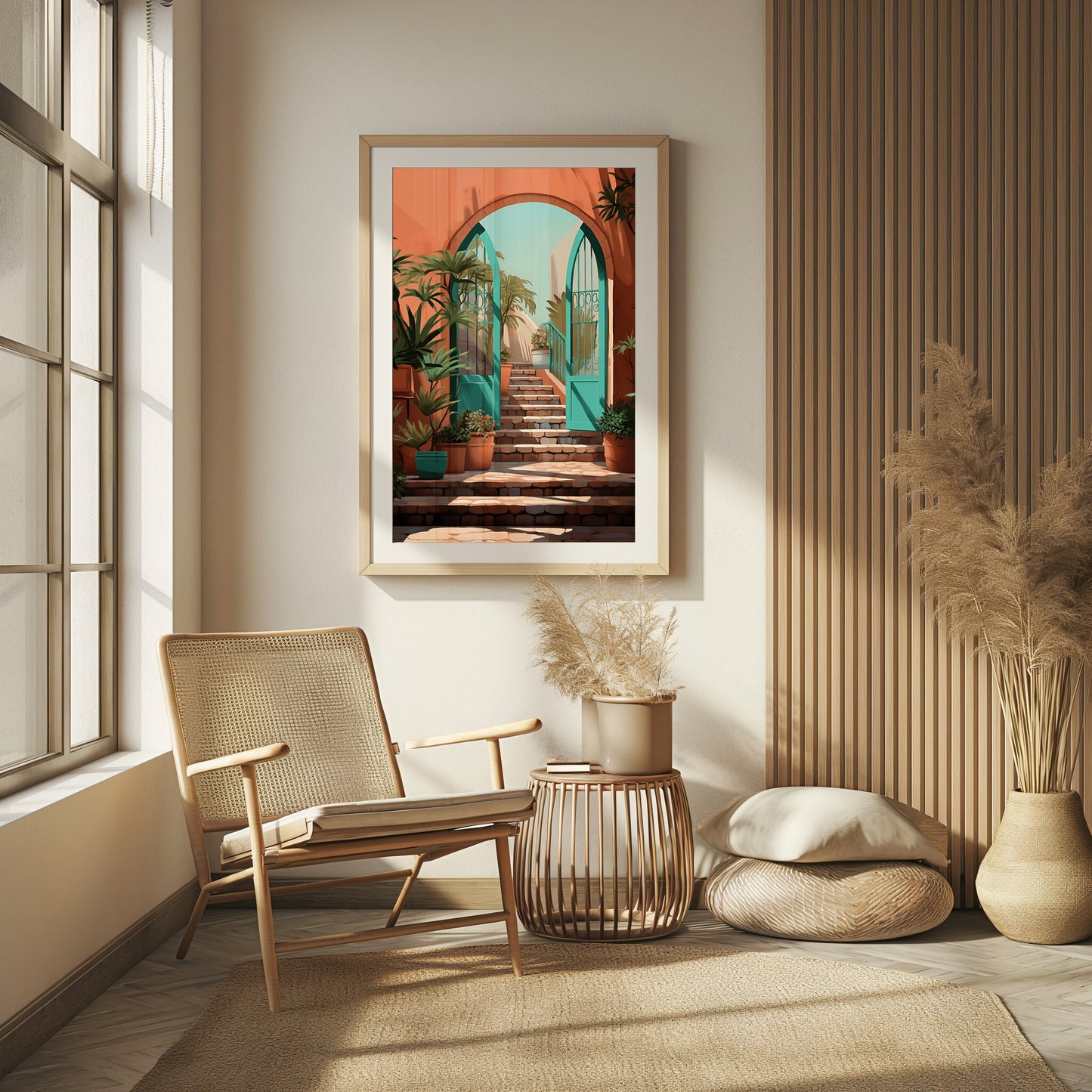 Mediterranean Archway View Art, Digital Coastal Stairway Print, Serene Bedroom Wall Art, Sunset Palms Decor