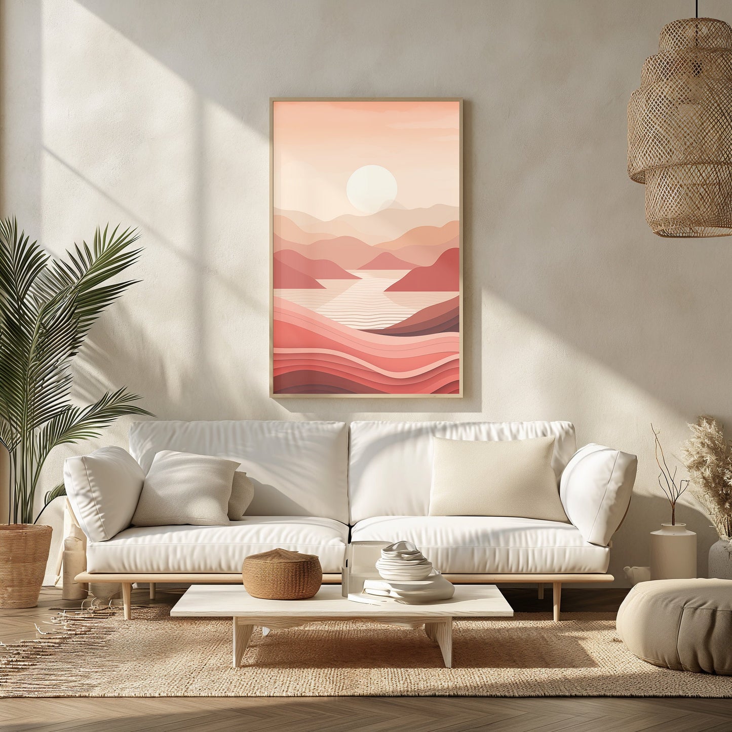 Crimson Dusk Abstract Print, Digital Sunset Art, Peaceful Mountain Scene, Modern Living Room Wall Decor