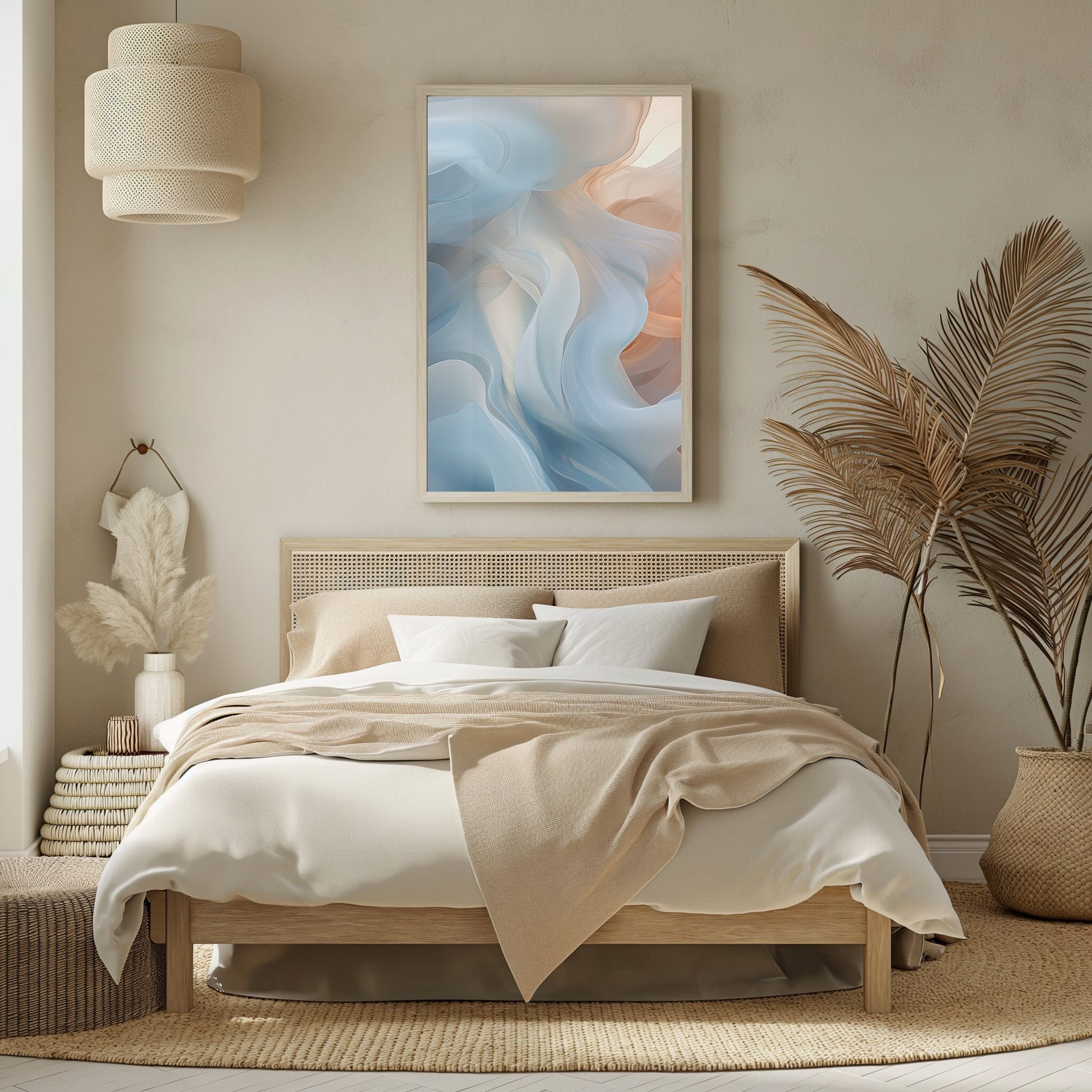 Abstract art print featuring serene swirls in pastel blues and peach, creating a soothing atmosphere in a contemporary bedroom.