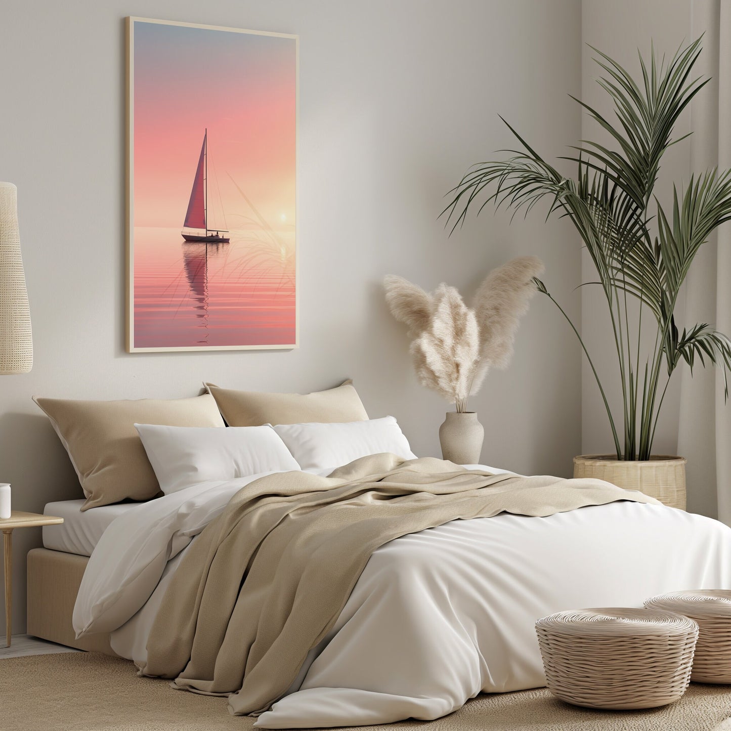 Sailboat Sunset Art, Nautical Bedroom Wall Print, Serene Ocean Poster, Digital Seascape, Relaxing Coastal Decor, Instant Download Picture