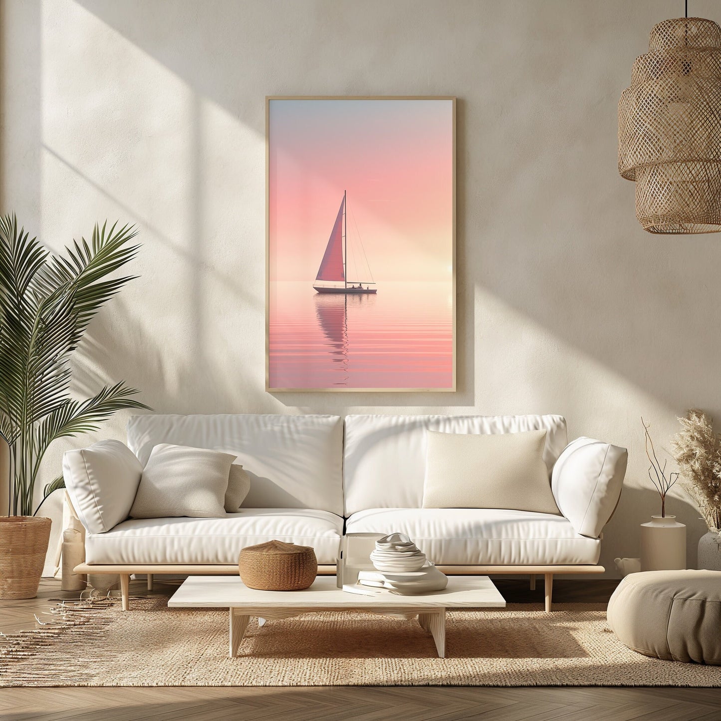 A sailboat against a vibrant sunset, digital art print for a nautical-themed bedroom, invoking serenity and the beauty of the ocean.