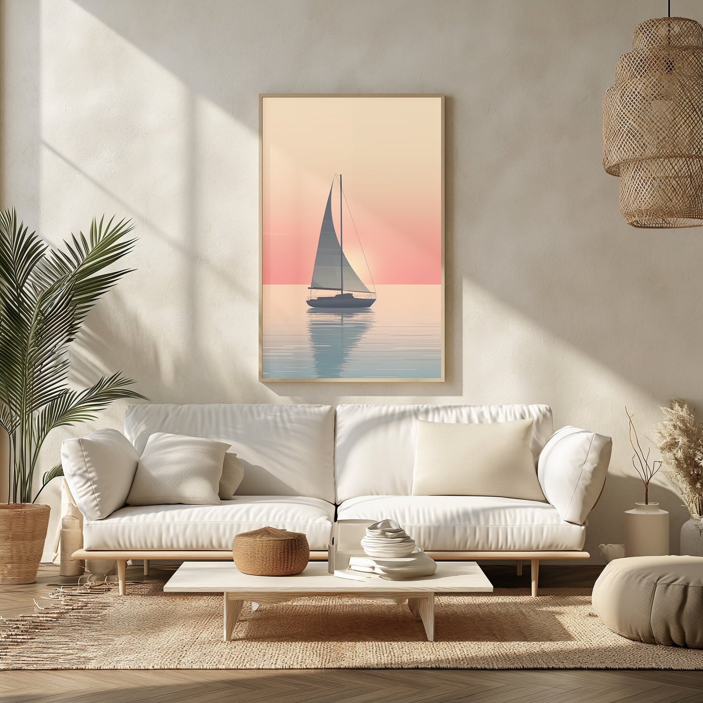 Golden Hour Sail Art, Peaceful Bedroom Decor, Nautical Sunrise Print, Minimalist Yacht Poster, Calm Sea Wall Art, Digital Download