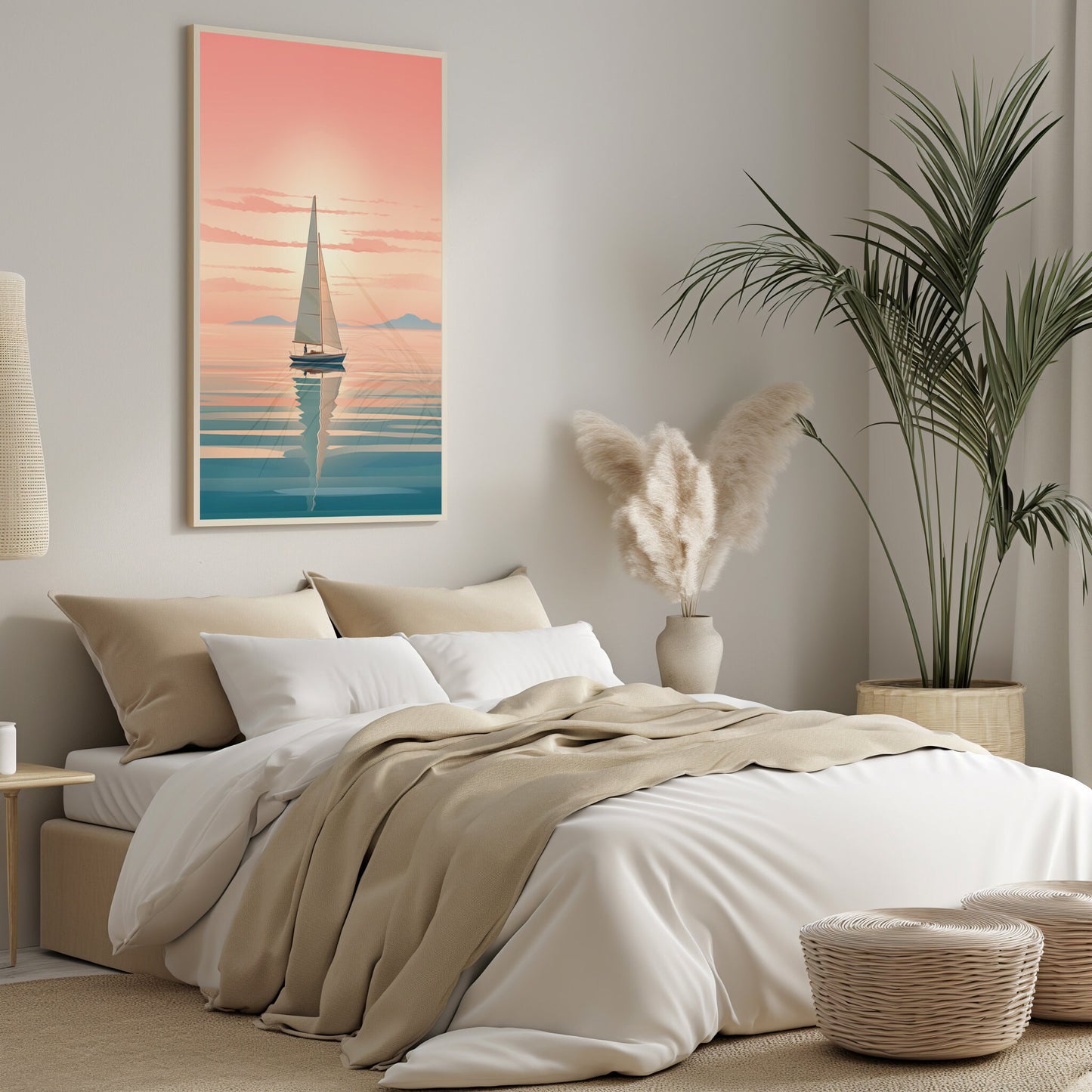 Sunset Sailing Art, Relaxing Living Room Print, Serene Nautical Poster, Minimalist Sailboat Artwork, Pastel Sky Wall Art, Instant Download