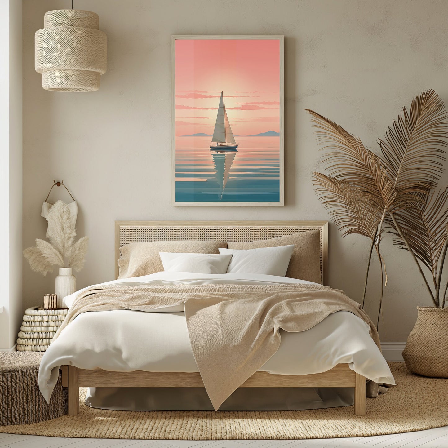 Sunset Sailing Art, Relaxing Living Room Print, Serene Nautical Poster, Minimalist Sailboat Artwork, Pastel Sky Wall Art, Instant Download