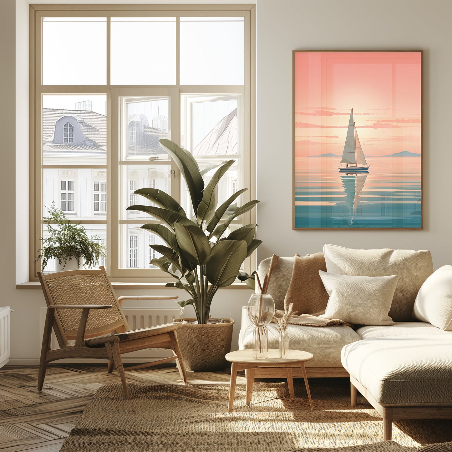 Sunset Sailing Art, Relaxing Living Room Print, Serene Nautical Poster, Minimalist Sailboat Artwork, Pastel Sky Wall Art, Instant Download