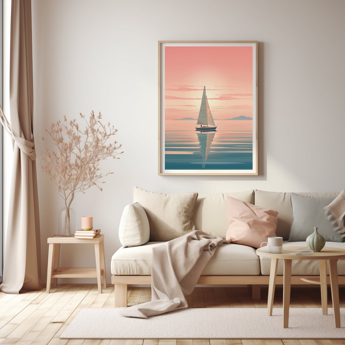 Sailboat against a pastel sunset sky, serene and minimalist digital art print, perfect for a calming addition to living room decor.