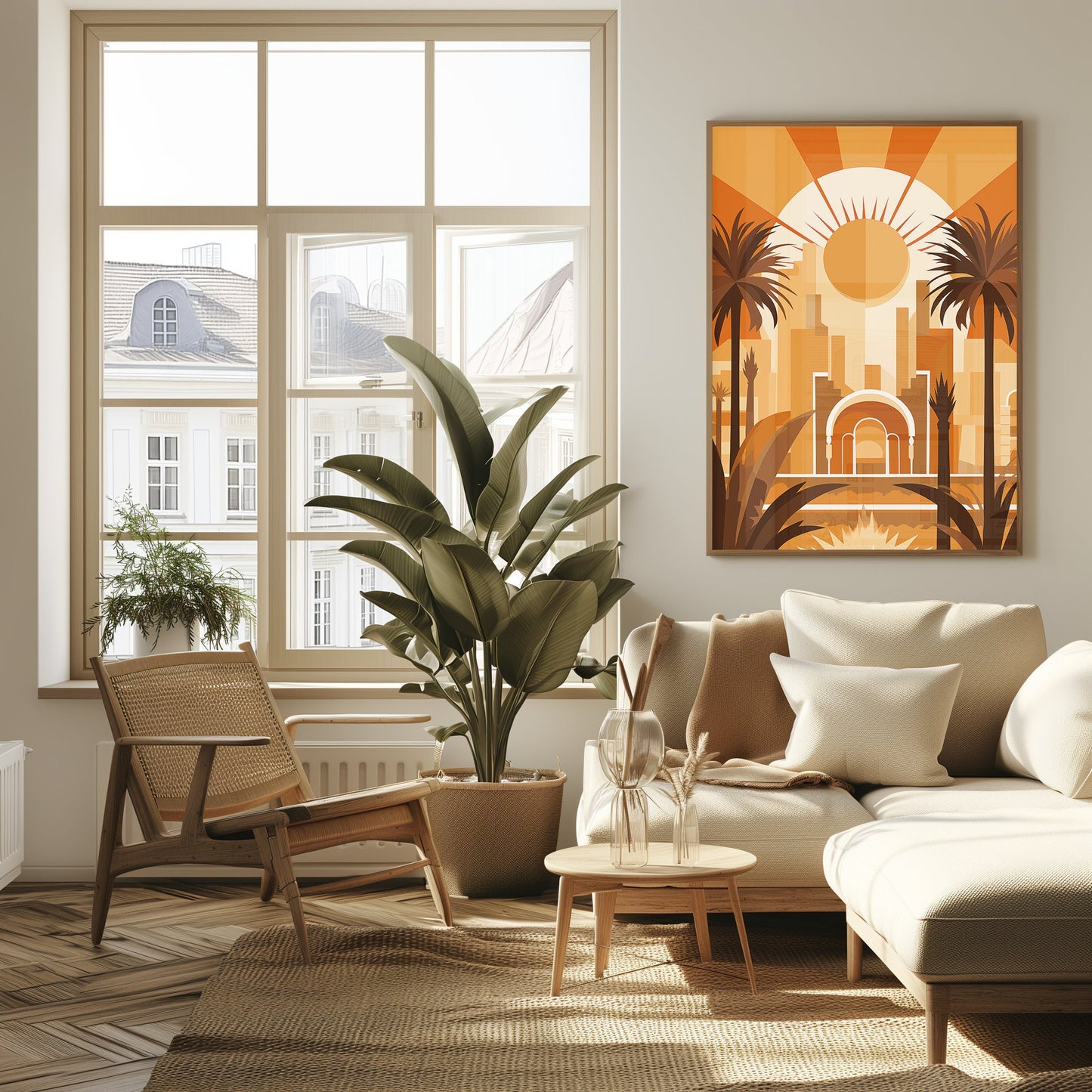 Art Deco Sunrise in the City, Palm Silhouette Skyline, Urban Dawn Wall Art, Chic Interior Print, Tropical Art, Digital Abstract Art