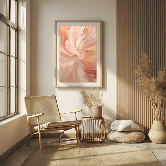 The digital print &quot;Soft Petal Whirl&quot; features a delicate swirl of floral petals in soft pastel hues, offering a calming and elegant addition to any living space.