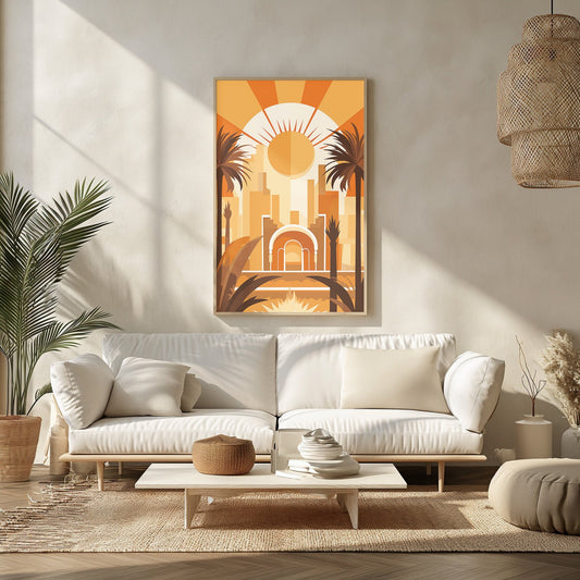 Art Deco-inspired digital print depicting a stylized urban sunrise, with palm tree silhouettes against a backdrop of sunlit city architecture.