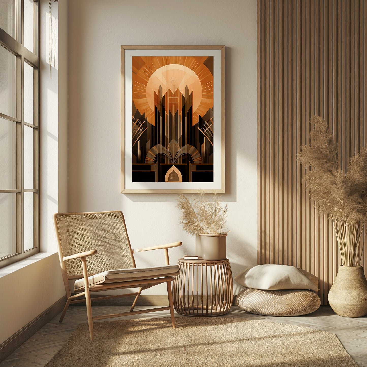 Cathedral of Light, Art Deco Architectural Print, Majestic Sunset Artwork, Modern Urban Wall Decor, Mid Century Art, Digital Poster