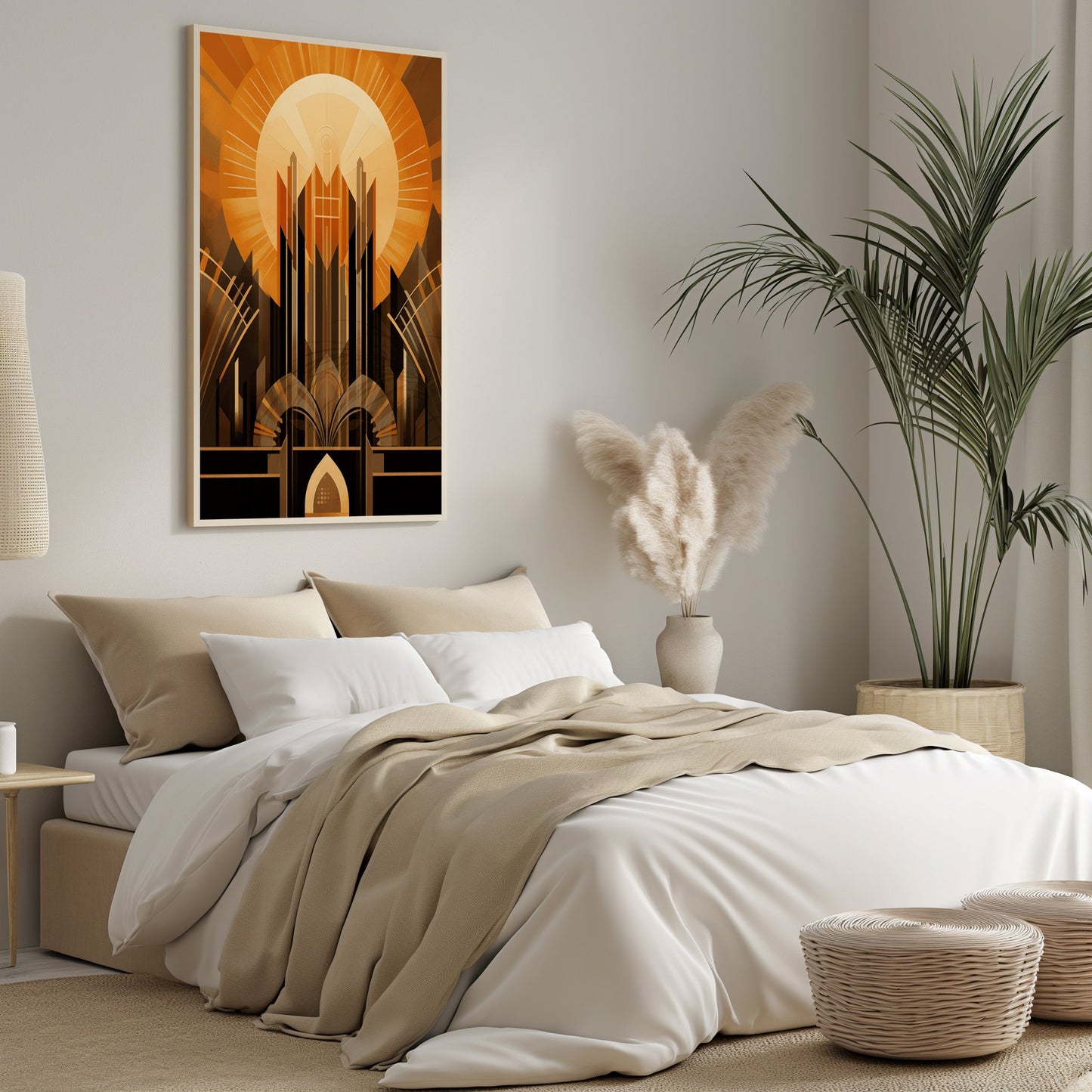 Cathedral of Light, Art Deco Architectural Print, Majestic Sunset Artwork, Modern Urban Wall Decor, Mid Century Art, Digital Poster