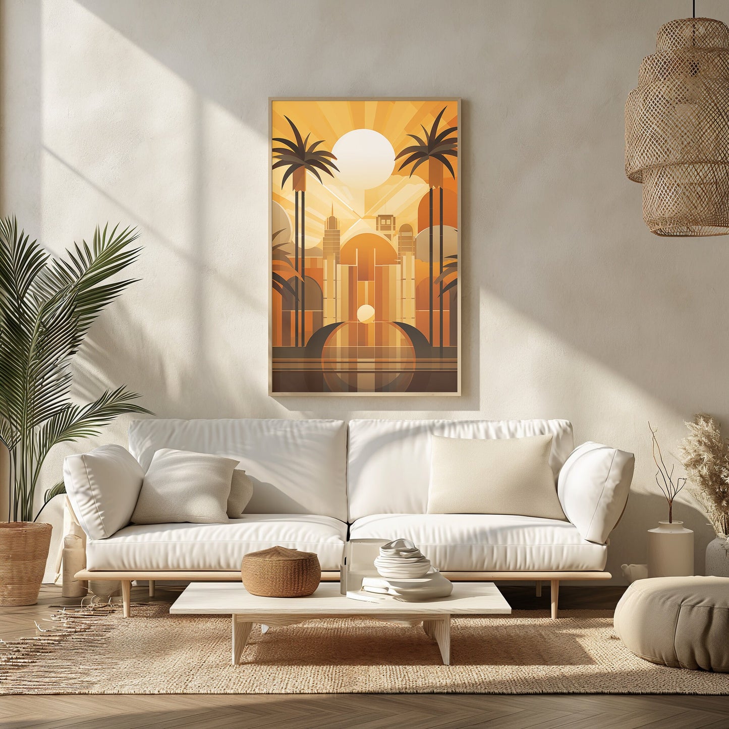 Sunset Mirage Art Deco Landscape, Palm Tree Silhouette Print, Golden Hour Urban Art, Elegant Home Decor, Digital Poster, Modern Art