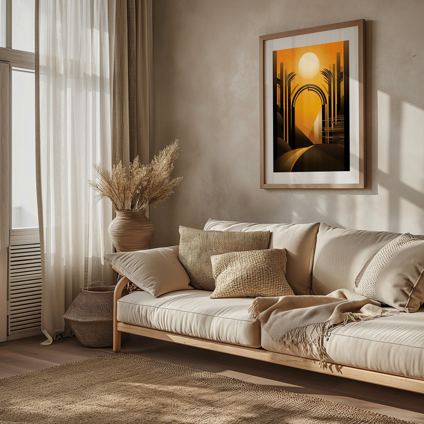 Architectural Sunrise Elegance, Warm Art Deco Print, Serene Morning Cityscape, Sophisticated Wall Art, Modern Wall Art, Tropical Poster