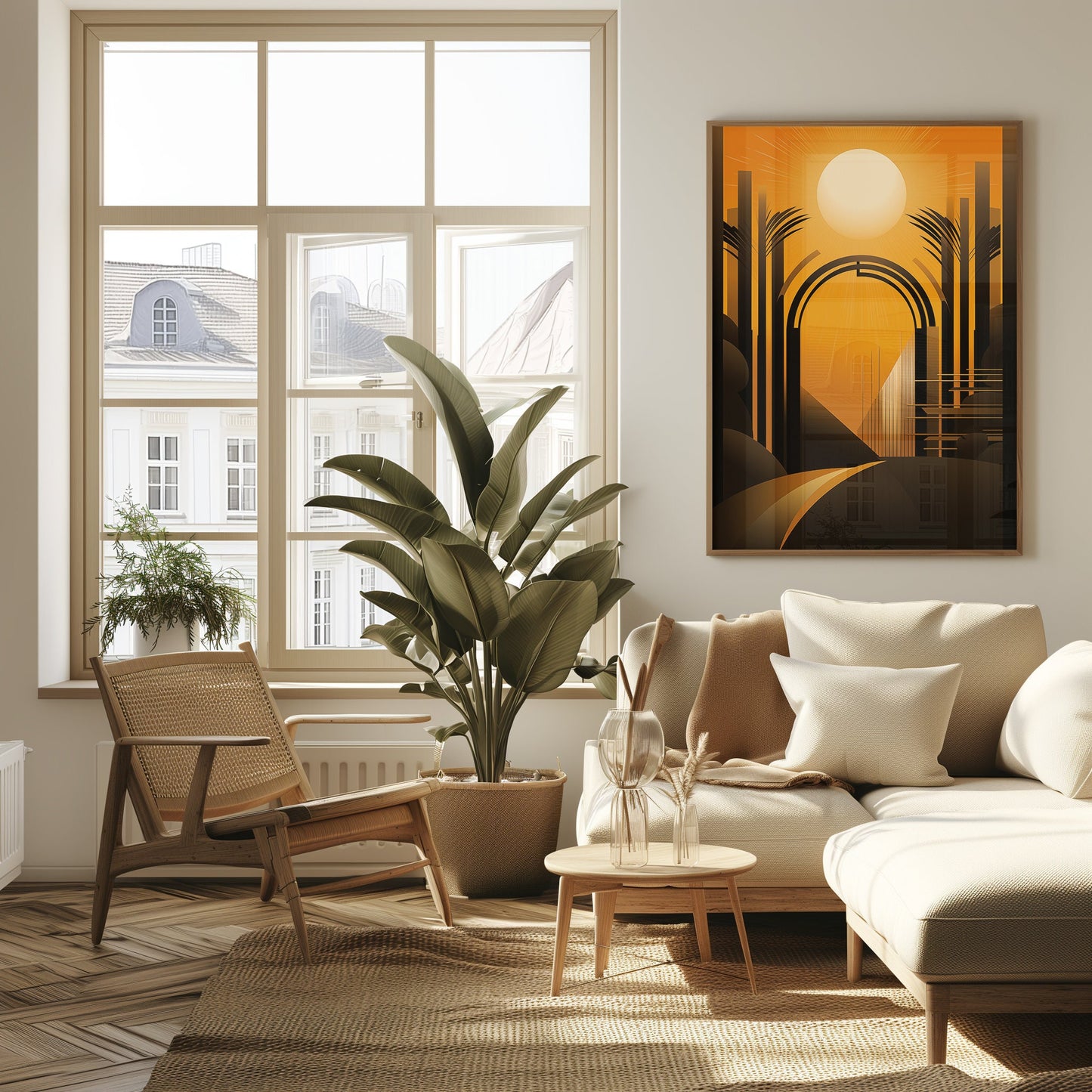 Architectural Sunrise Elegance, Warm Art Deco Print, Serene Morning Cityscape, Sophisticated Wall Art, Modern Wall Art, Tropical Poster