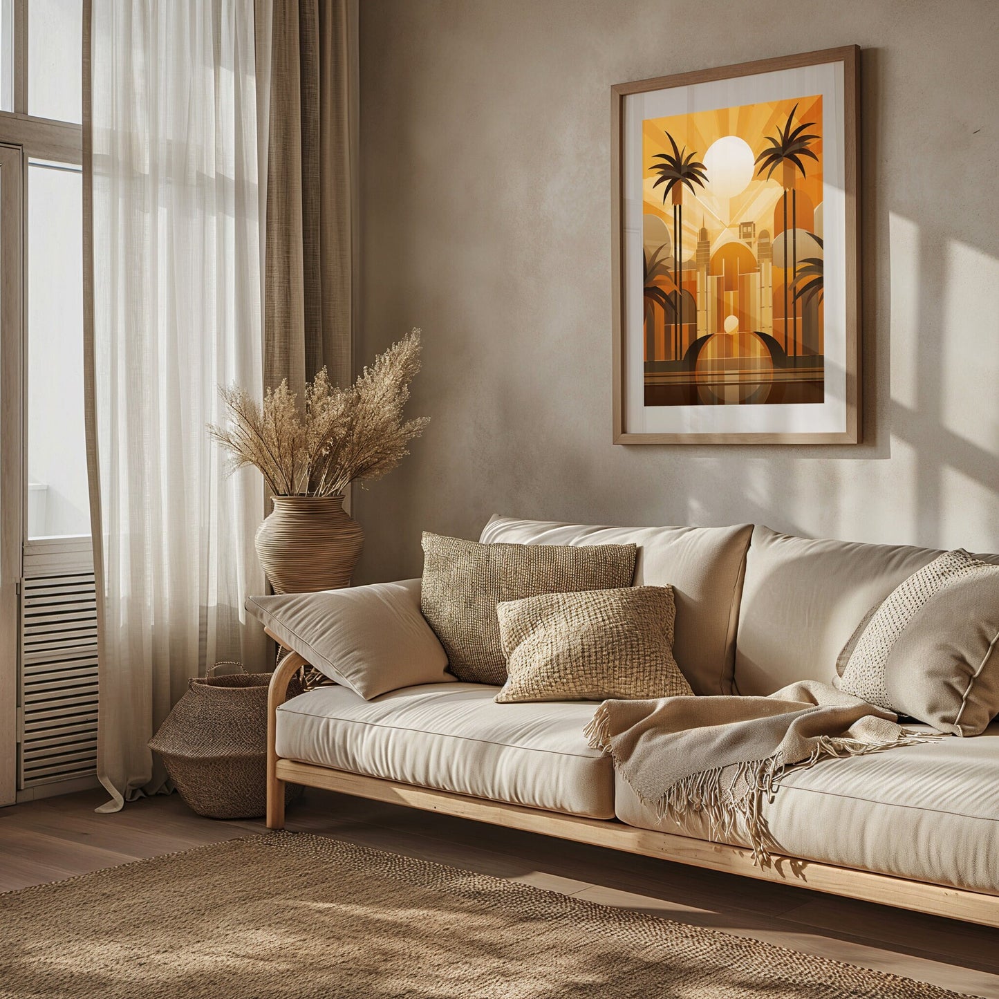 &quot;Sunset Mirage&quot; features a harmonious Art Deco-inspired design with palm trees and architectural elements highlighted by the golden hues of the setting sun, ideal for an elegant home setting.