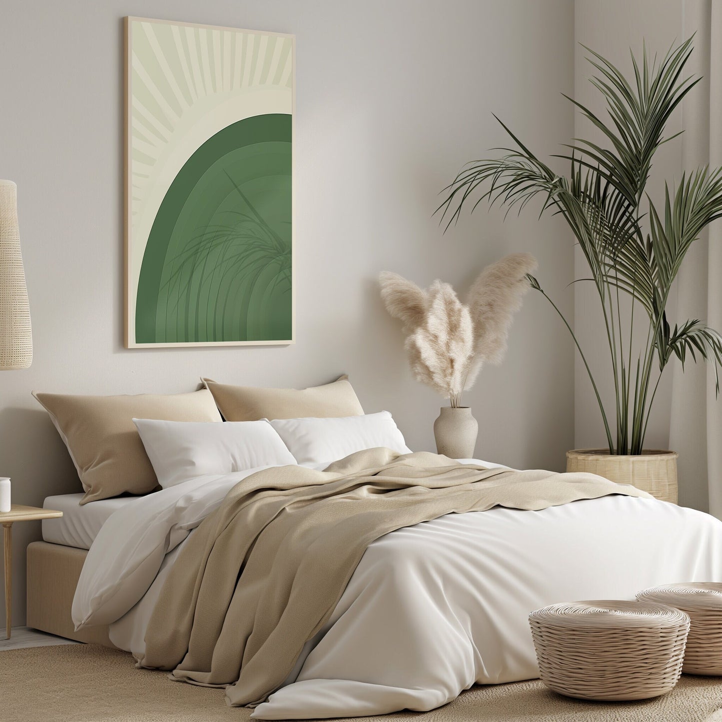Art Deco inspired sunrise abstract print in earthy green tones, blending geometric shapes for a serene boho ambiance.