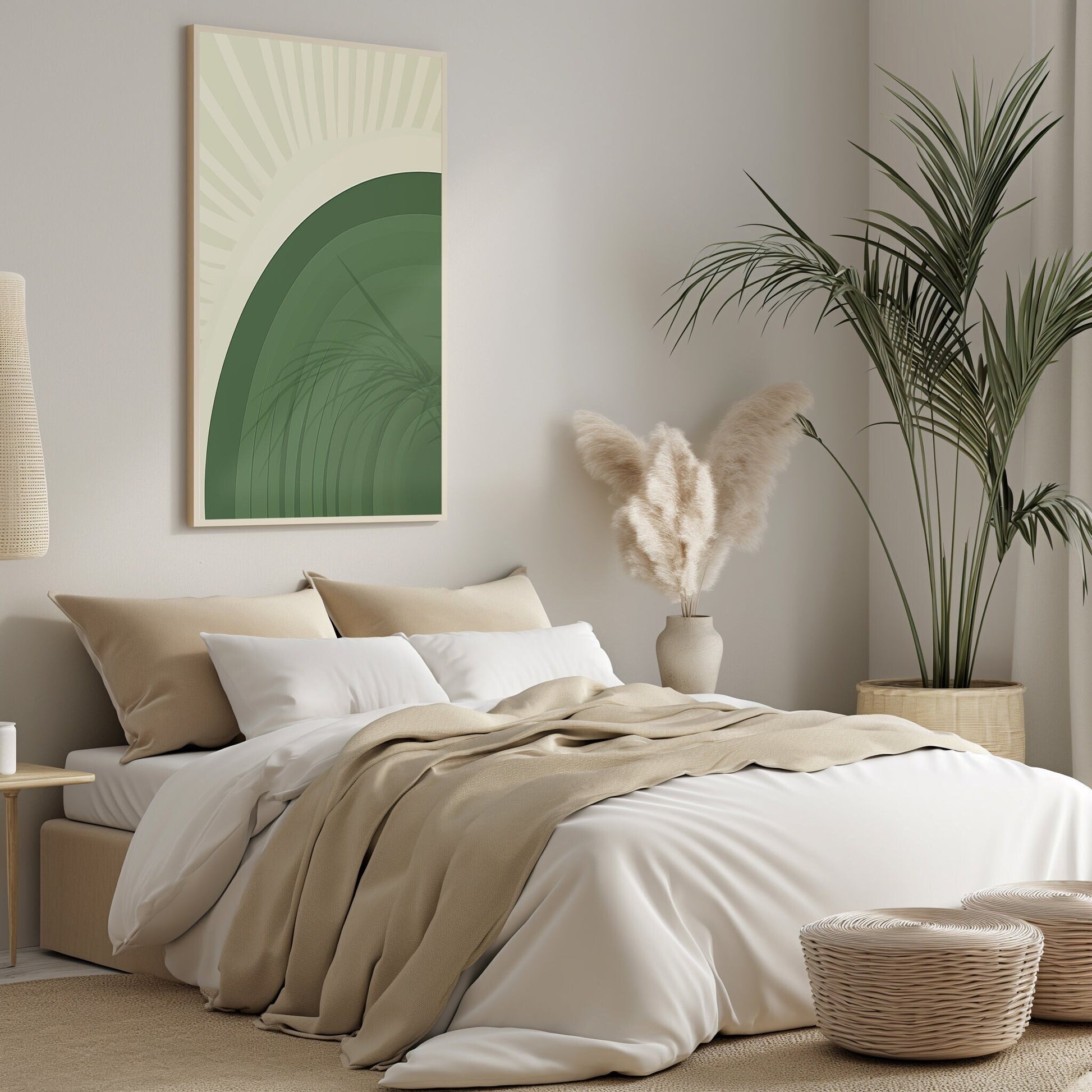Art Deco inspired sunrise abstract print in earthy green tones, blending geometric shapes for a serene boho ambiance.