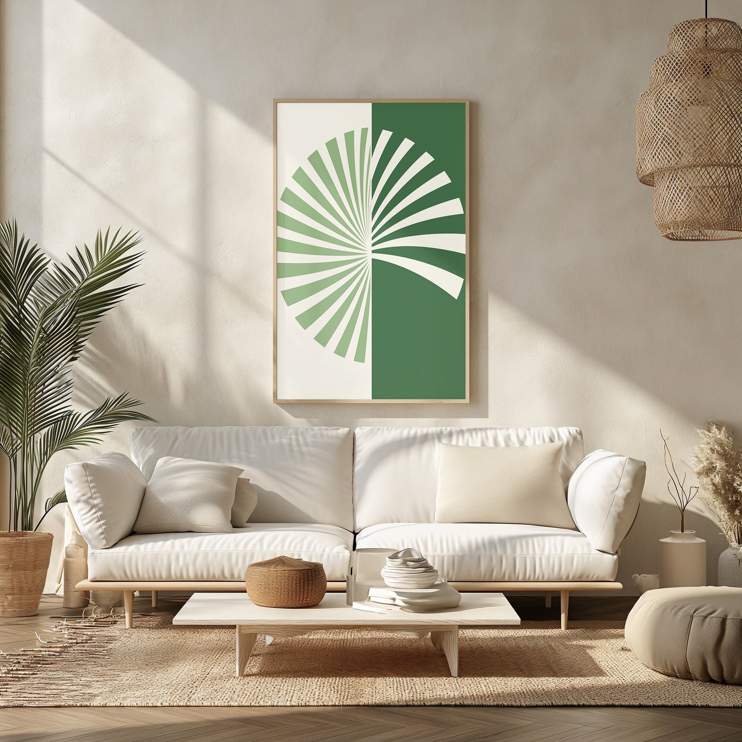 Abstract Palm Fan Art, Green and White Modern Print, Digital Boho Decor, Mid Century Wall Art