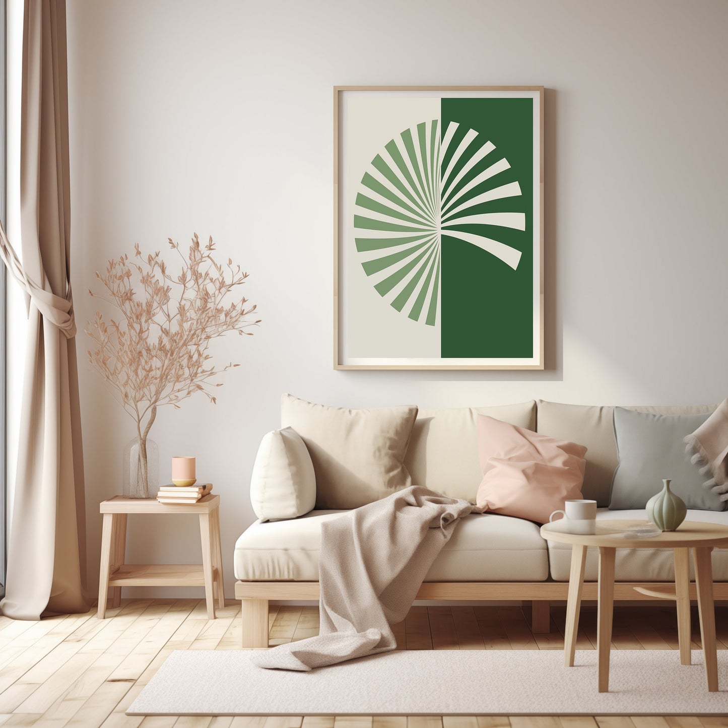 Abstract Palm Fan Art, Green and White Modern Print, Digital Boho Decor, Mid Century Wall Art