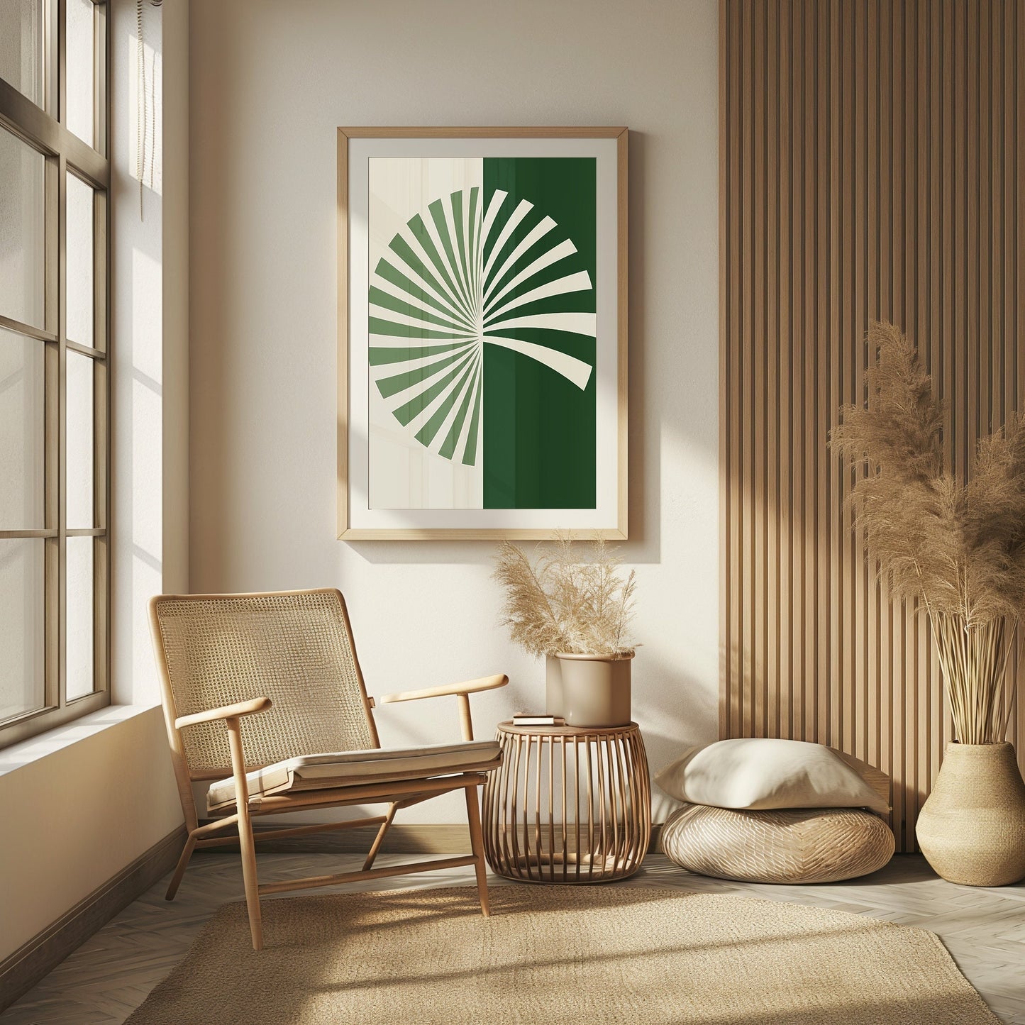 Striking abstract digital print of a palm fan in bold green and white, perfect for a mid-century modern or boho decor theme.