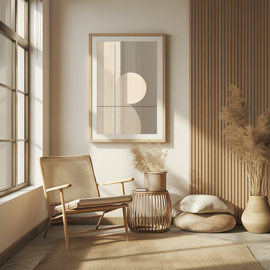 A minimalist geometric digital print in a soothing beige palette, titled &quot;Abstract Beige Harmony,&quot; ideal for creating a refined look in a modern interior.