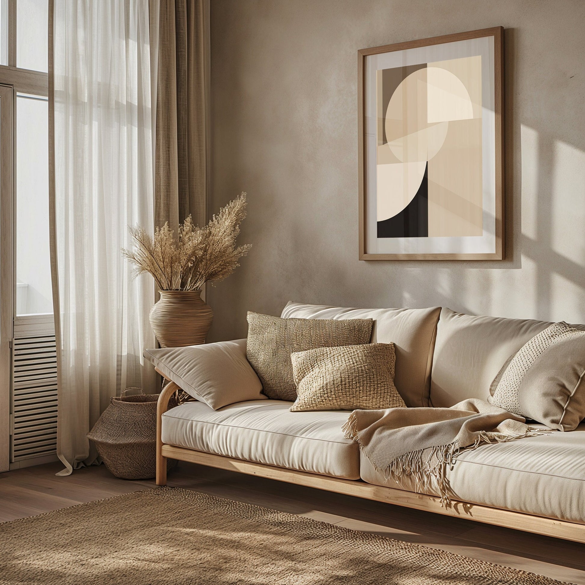 A modern abstract art print featuring elegant contours in warm neutral shades with bold black accents, titled &quot;Serene Contour Elegance,&quot; perfect for a chic and serene home décor.