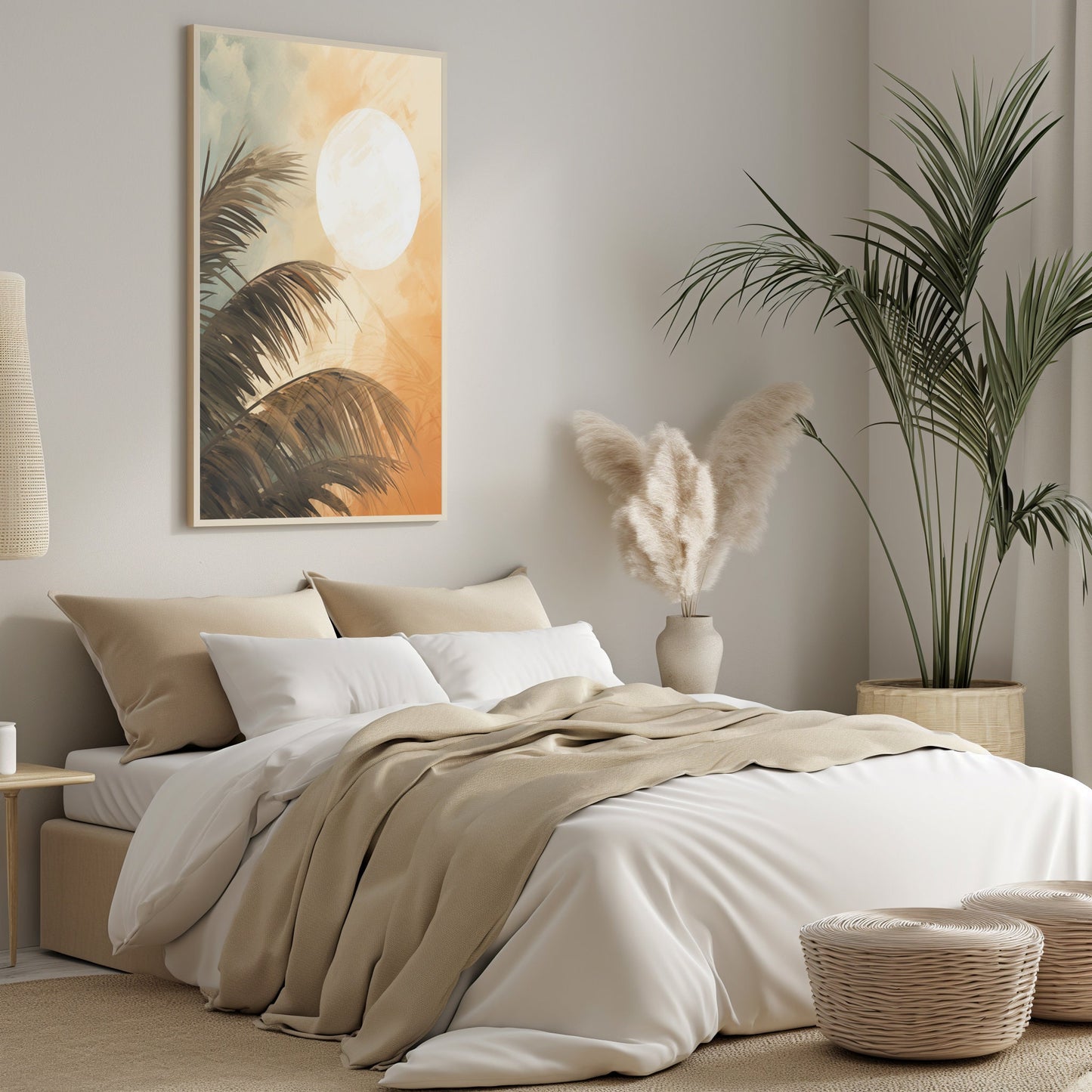 Palm Serenity at Dawn, Soft Sunrise Wall Art, Gentle Morning Light, Calm Tropical Décor, Serene Bedroom Artwork