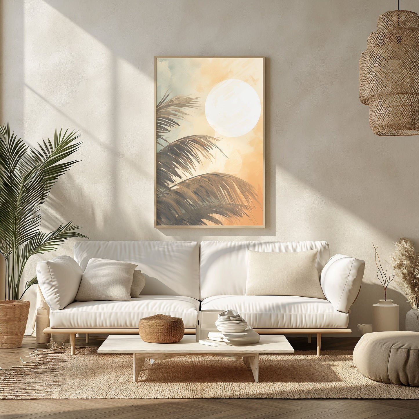 Palm Serenity at Dawn, Soft Sunrise Wall Art, Gentle Morning Light, Calm Tropical Décor, Serene Bedroom Artwork