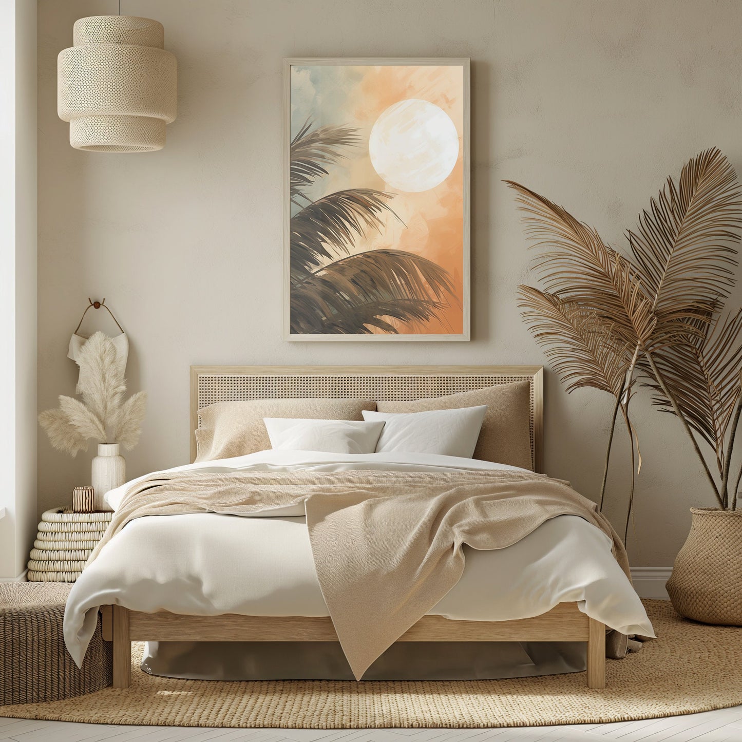 Palm Serenity at Dawn, Soft Sunrise Wall Art, Gentle Morning Light, Calm Tropical Décor, Serene Bedroom Artwork