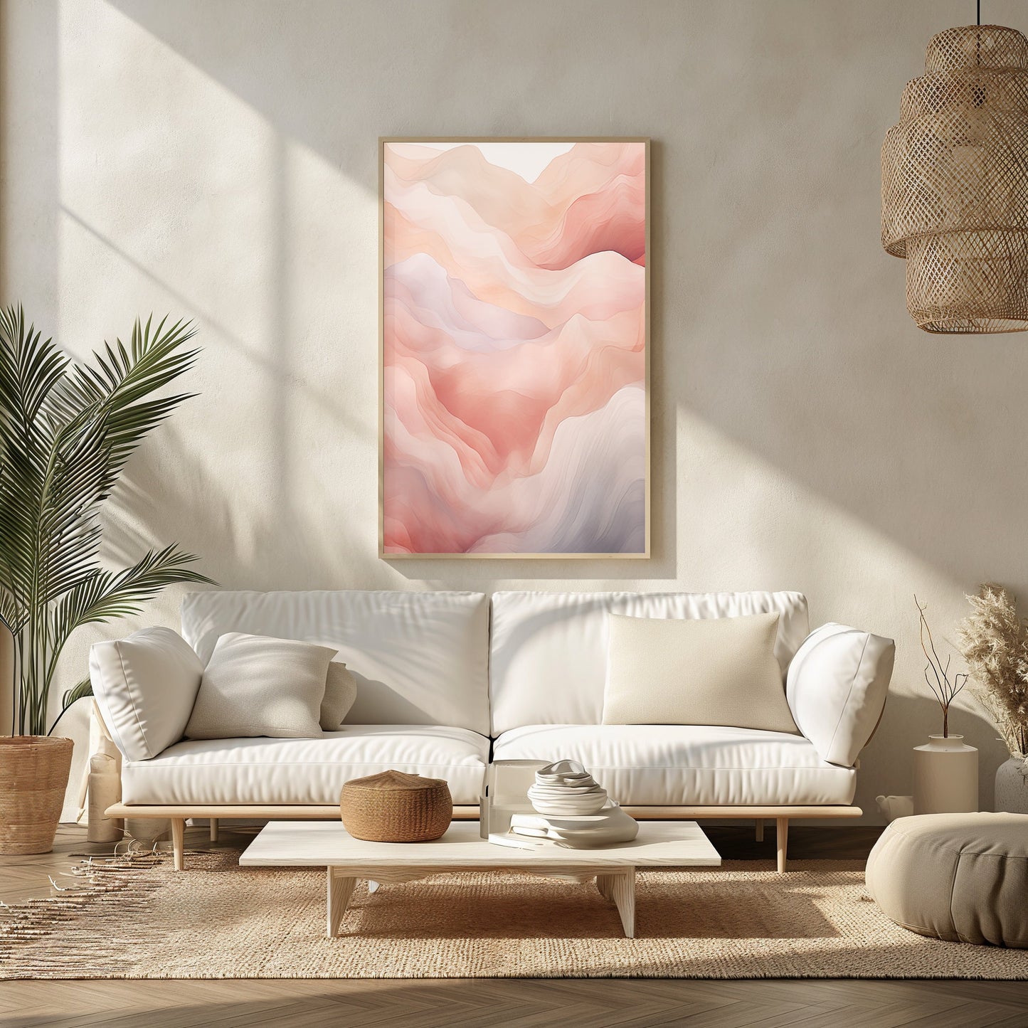 Peach Valley, Abstract Digital Print, Mid Century Modern Art, Pastel Wall Decor, Boho Chic, Instant Download Poster, Serene Landscape