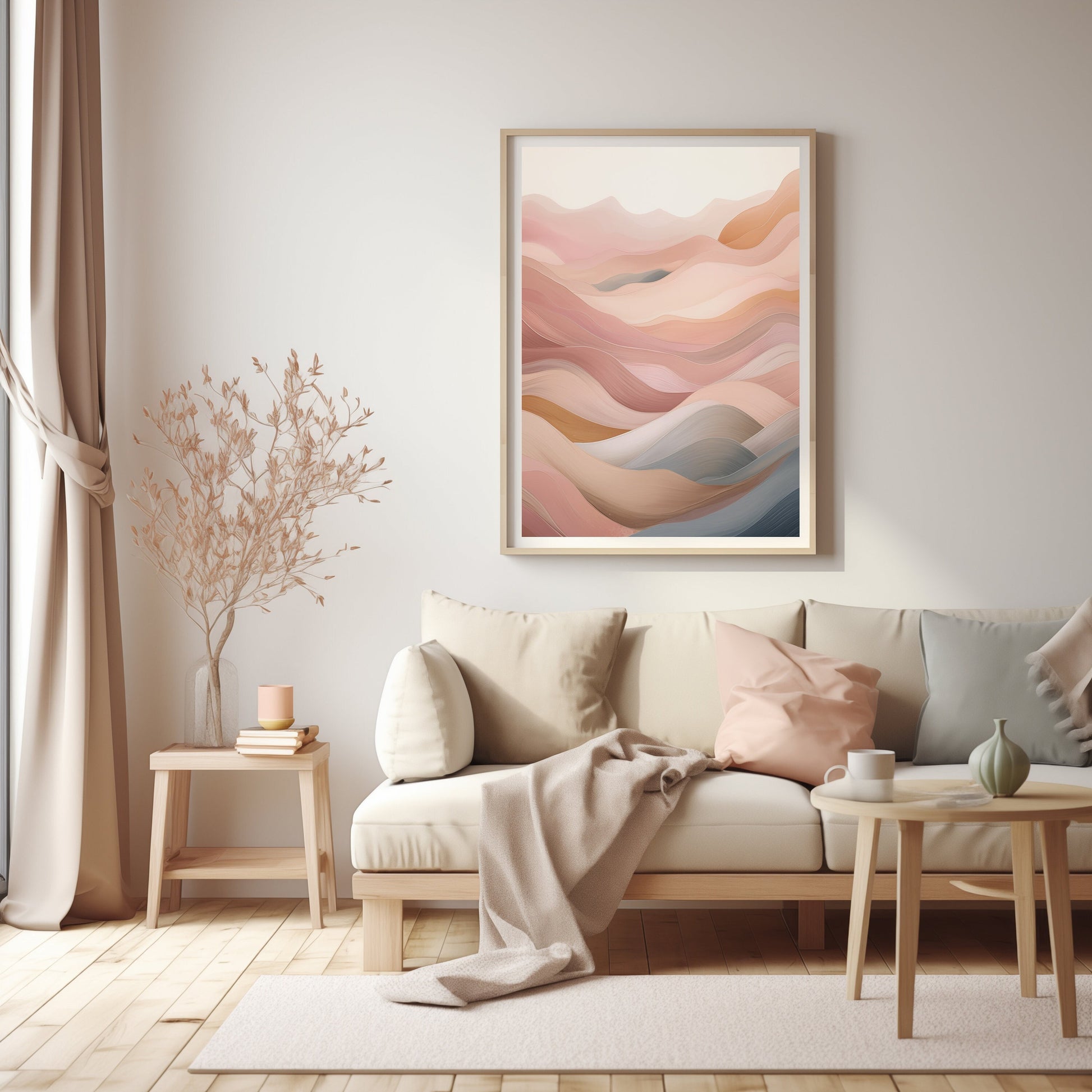 Minimalist abstract digital art print featuring soft desert dunes in pastel colors, ideal for modern boho home decor.