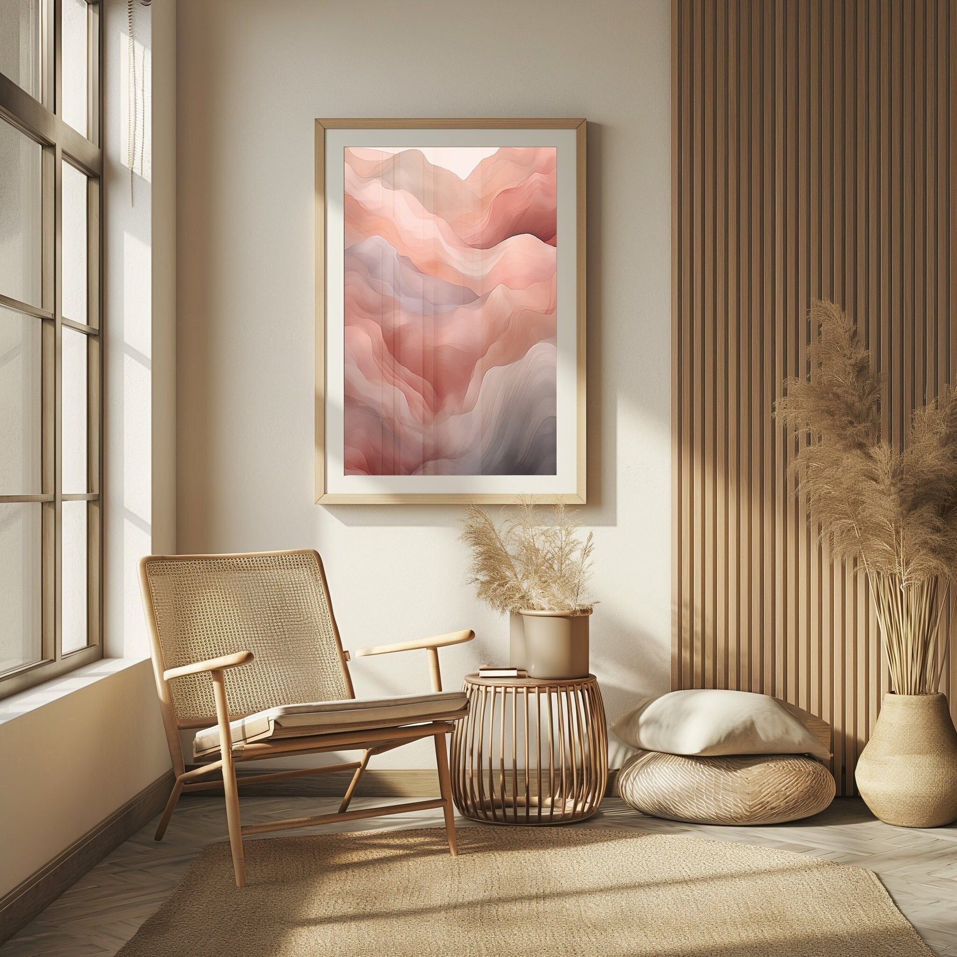 Digital abstract wall art in pastel peach and pink tones, featuring a serene, wave-like landscape design for modern boho decor.