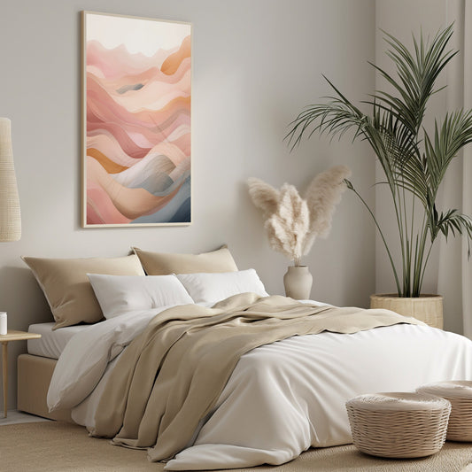 Digital print of modern abstract art with amber waves in neutral tones, suited for a contemporary boho-inspired home setting.