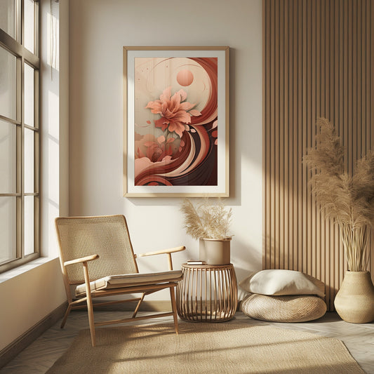 Contemporary digital floral art featuring abstract roses in earthy tones, ideal for a sophisticated bohemian decor aesthetic.