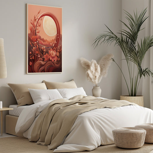 Digital fall artwork of a harvest moon in warm, rustic tones, evoking a cozy bohemian atmosphere in a living space.