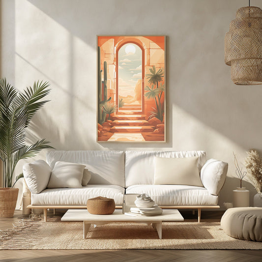 Digital print of a serene desert landscape viewed through an archway, featuring cacti and warm tones, perfect for a bohemian-themed decor.